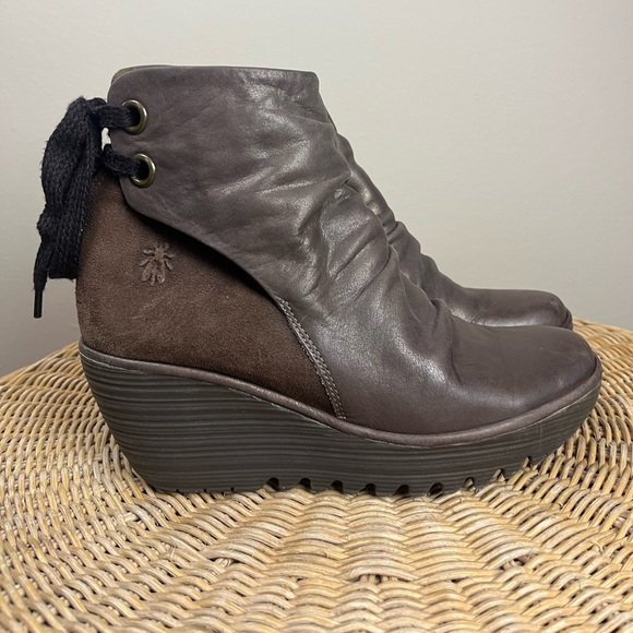 Fly London Yama Brown Suede & Leather Wedge Ankle Boots - Picture 2 of 12